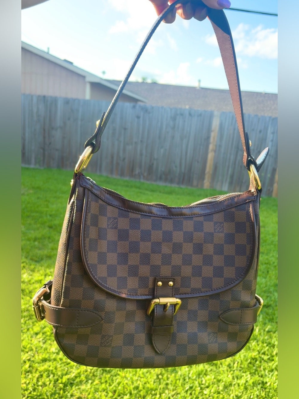 Louis Vuitton Brown Checkered Shoulder Bag with Gold Hardware